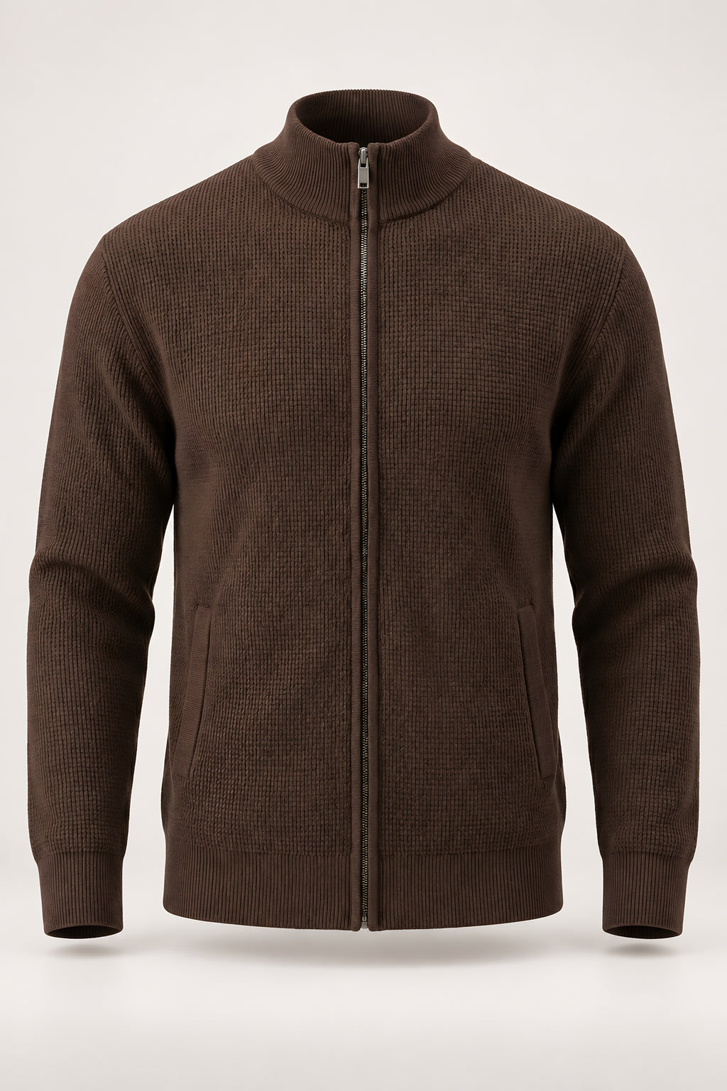 Cardigan zippé Seuil marron, vêtement seul — visuel généré par IA