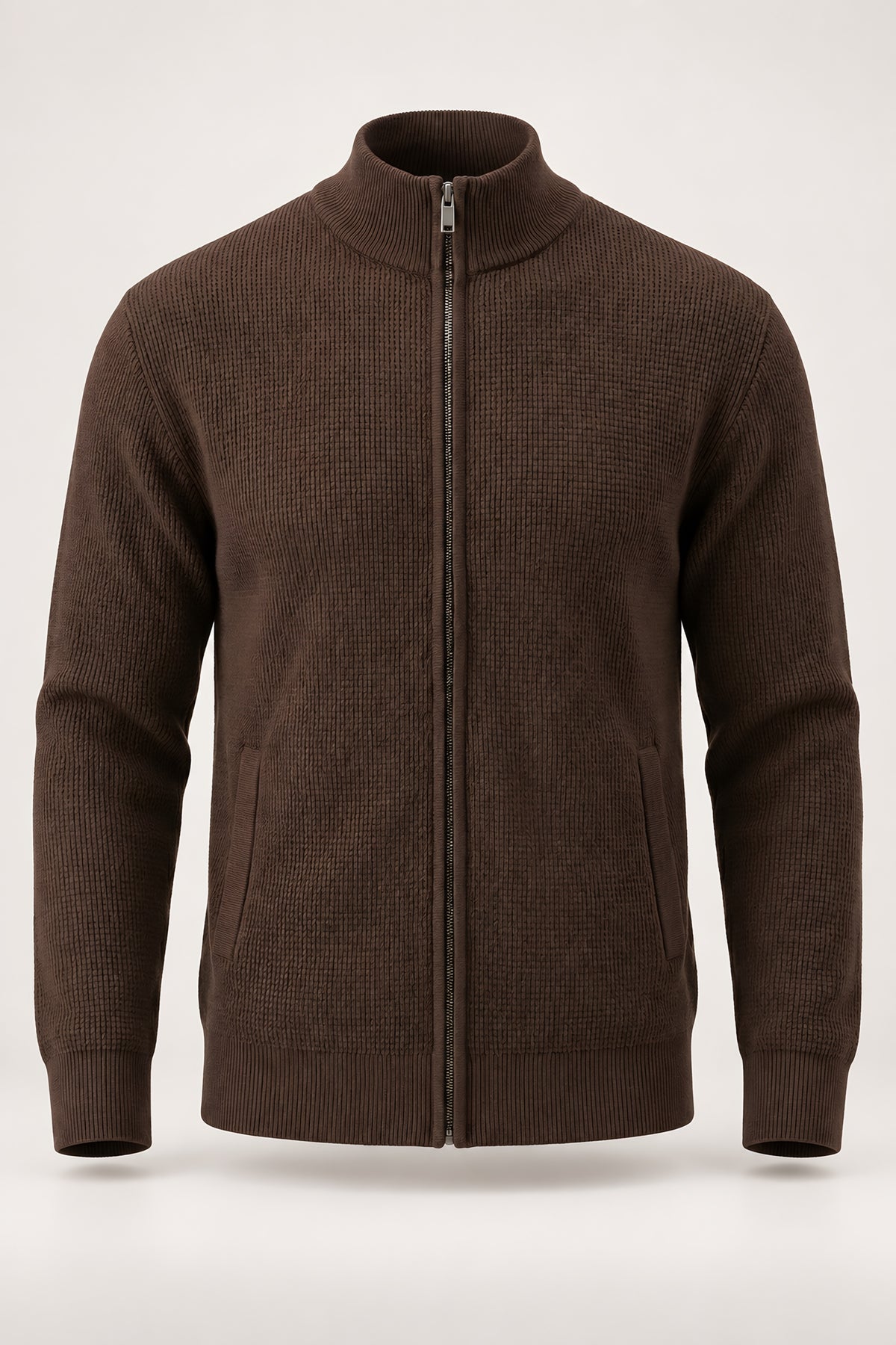 Cardigan zippé Seuil marron, vêtement seul — visuel généré par IA