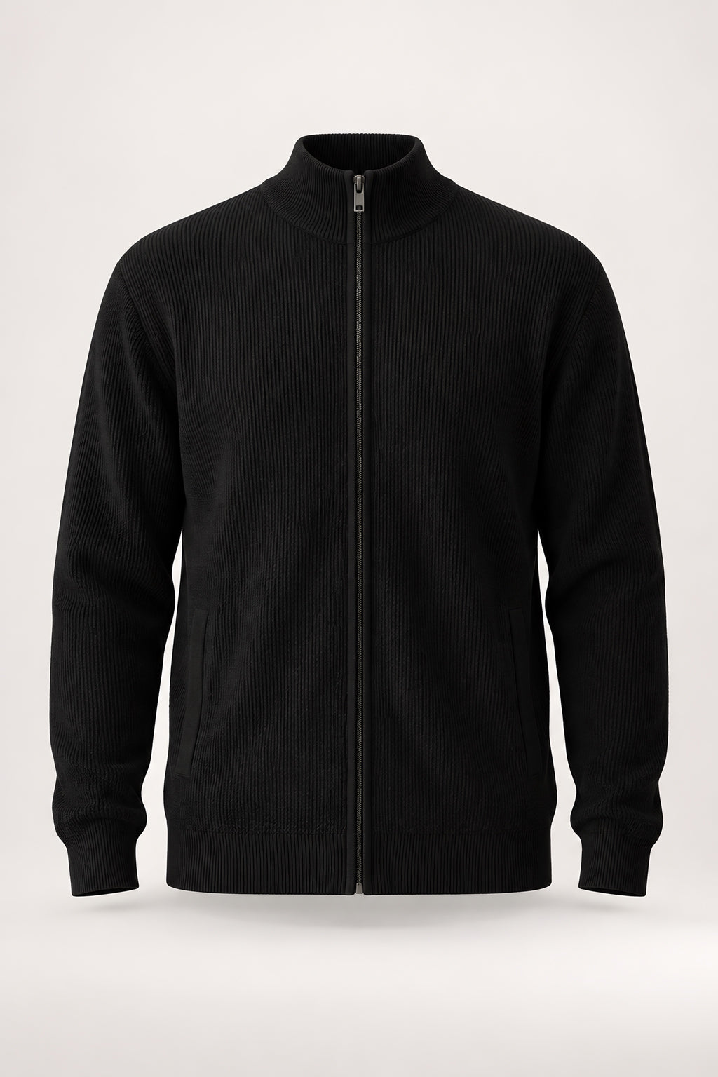 Cardigan zippé Seuil noir, vêtement seul — visuel généré par IA