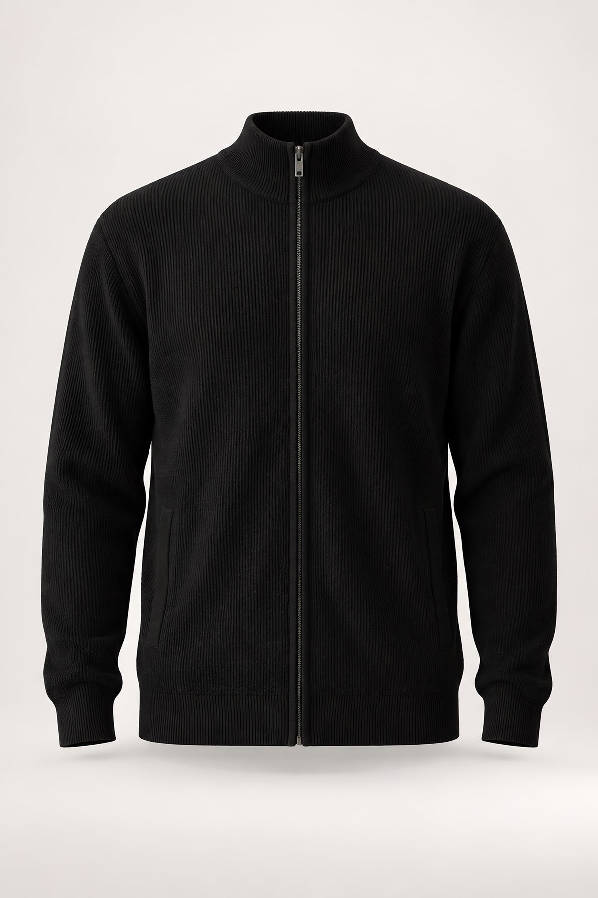 Cardigan zippé Seuil noir, vêtement seul — visuel généré par IA