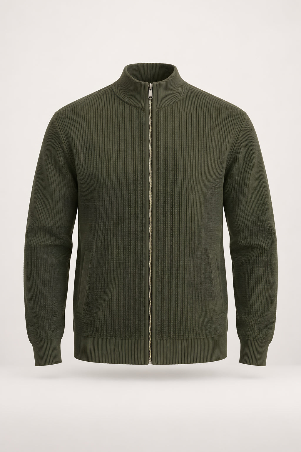 Cardigan zippé Seuil vert, vêtement seul — visuel généré par IA