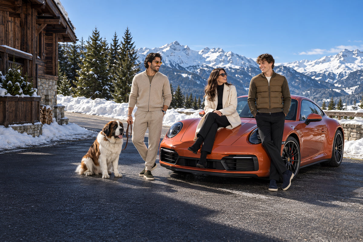 Deux hommes et une femme sur une route de col enneigée, près d'une Porsche orange et d'un saint-bernard