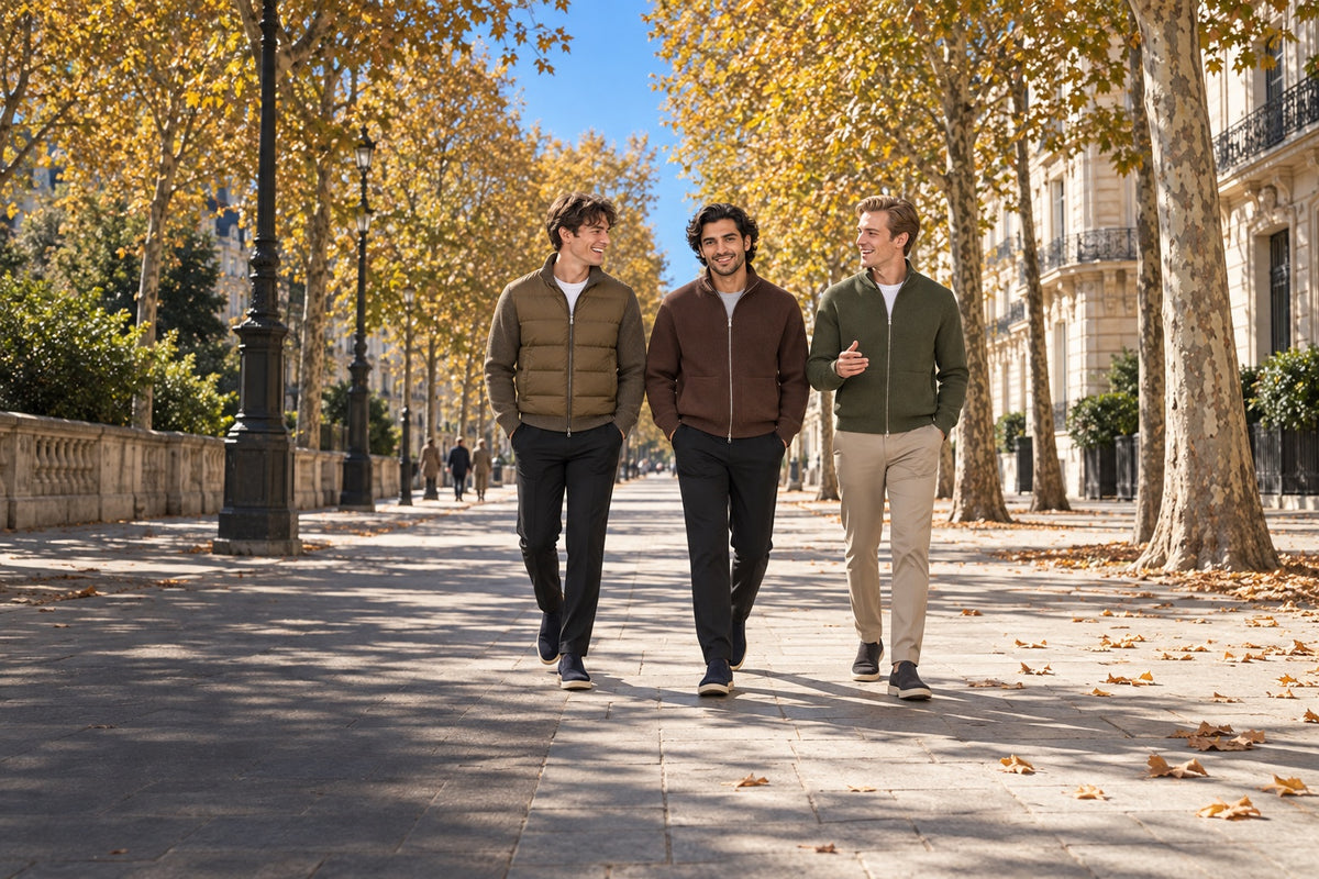 Trois hommes en maille SEIZEU marchant sur une avenue bordée de platanes, un matin d'automne