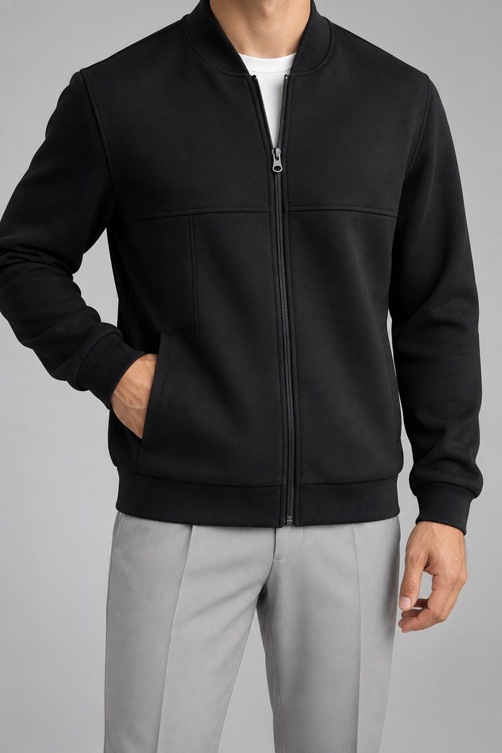 Veste zippée Palier noir, détail de construction — visuel généré par IA